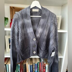 Free People Boxy Oversized Grey Tie-Dye “Washed Ashore” Cable Knit Cardigan